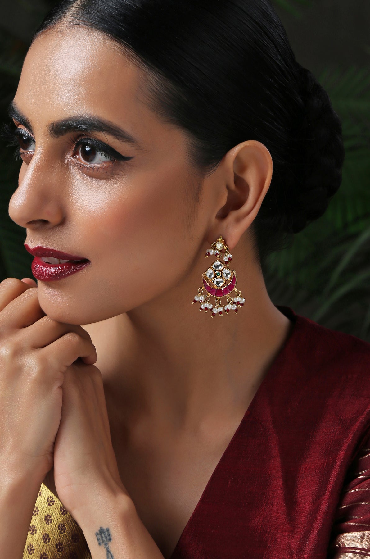 Matte Finish Leaf Design Kundan Earrings with Red Stone - South India Jewels